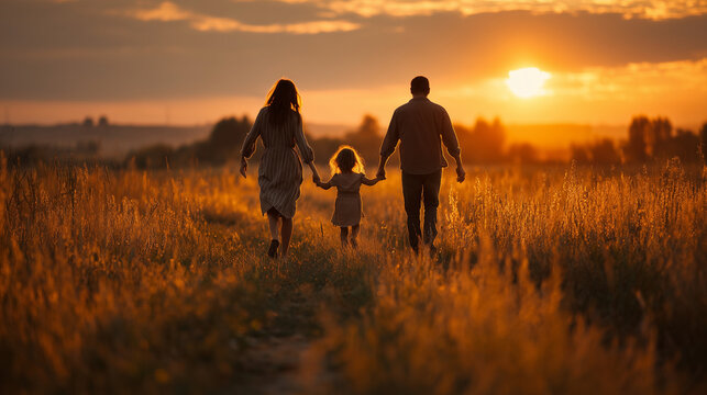 Happy family of three, mother, father, and young child, walking together in a sunlit golden hour field. The parents swing their daughter high between them, both hands held. They ar