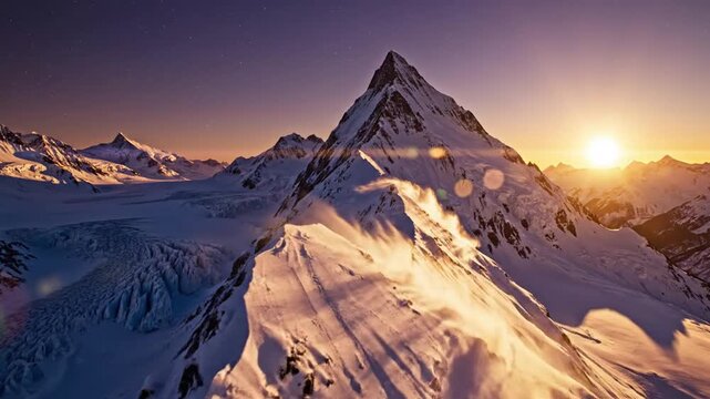 Snowy mountain peak illuminated by sunrise with serene landscape and icy slopes under clear purple sky