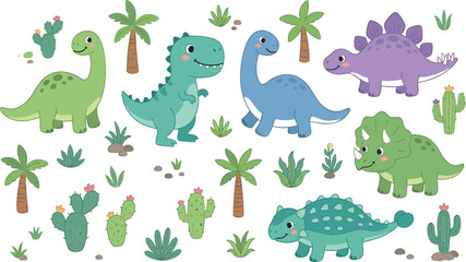 Cute Dinosaur Vector Set with Brontosaurus, T Rex, Stegosaurus, Triceratops, Palm Trees, and Cactus for Kids Prehistoric Designs © MdSohanurRahman