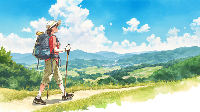 リュックを背負った女性が山歩きを楽しむ休日のハイキング風景イラスト素材向け背景、登山、ハイキング、トレッキング、バックパッカー、リュック、帽子、杖、山道、山岳、山並み、森林、草原、自然、風景、夏、晴天、雲、太陽、旅行、観光、アウトドア、レジャー、休日、冒険、爽快、開放感、健康、ウォーキング、女性、一人旅、絶景、遠景、背景、壁紙、ポスター、広告、バナー、アニメ風、水彩風、手描き、季節感、癒やし、素材