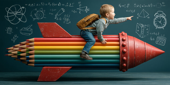 Back to school concept: young boy flying on a rocket made of pencils against a chalkboard background. This creative, imaginative image depicts a young boy with a backpack, pointing