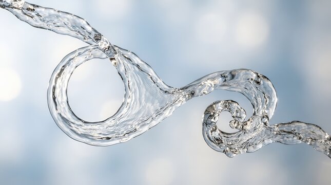A dynamic splash of clear water forming a swirling loop and spiral shape against a soft blurred light blue background, with bokeh