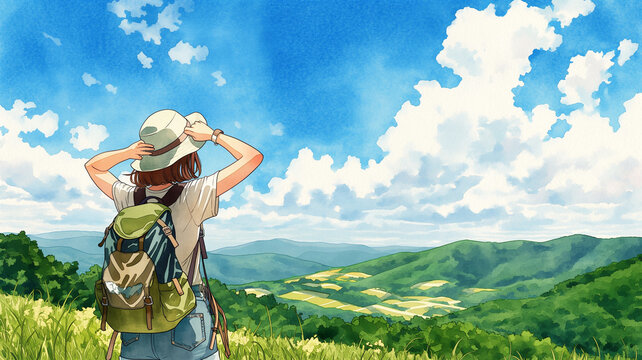 リュックを背負った女性が山歩きを楽しむ休日のハイキング風景イラスト素材向け背景、登山、ハイキング、トレッキング、バックパッカー、リュック、帽子、杖、山道、山岳、山並み、森林、草原、自然、風景、夏、晴天、雲、太陽、旅行、観光、アウトドア、レジャー、休日、冒険、爽快、開放感、健康、ウォーキング、女性、一人旅、絶景、遠景、背景、壁紙、ポスター、広告、バナー、アニメ風、水彩風、手描き、季節感、癒やし、素材