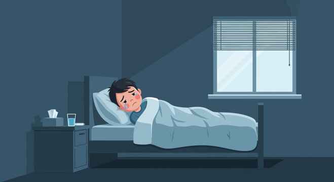 Illustration Of A Depressed Person Lying In Bed Crying During A Night Of Sadness