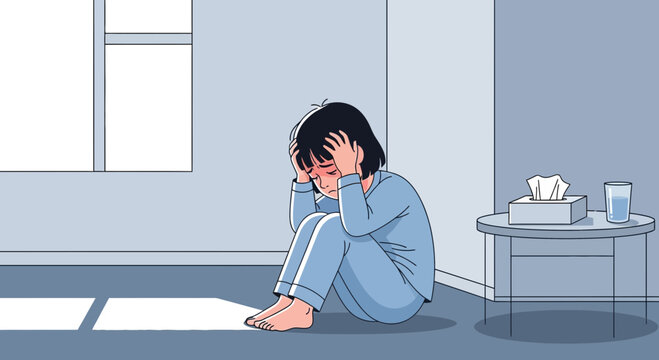 Illustration Of A Depressed Person Sitting Alone, Overwhelmed With Mental Health Struggles