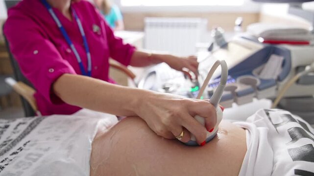 Healthcare professional performing a prenatal ultrasound scan during pregnancy.