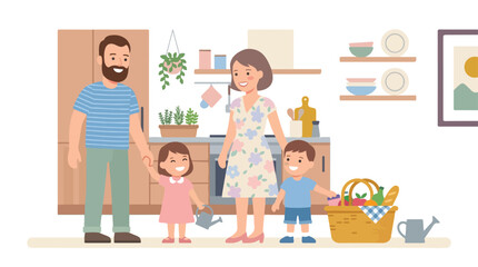 A happy family of four stands together in their kitchen, holding hands and preparing for a picnic with a full basket of food ready. © Violet