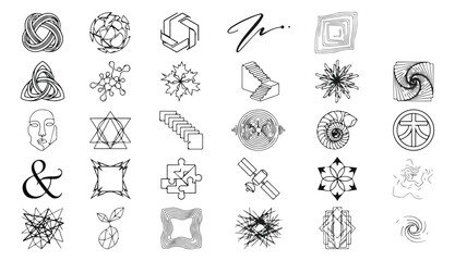 Fototapeta premium Minimalist geometric logo icons set, abstract black line art symbols, collection of 29 modern graphic design elements for corporate branding