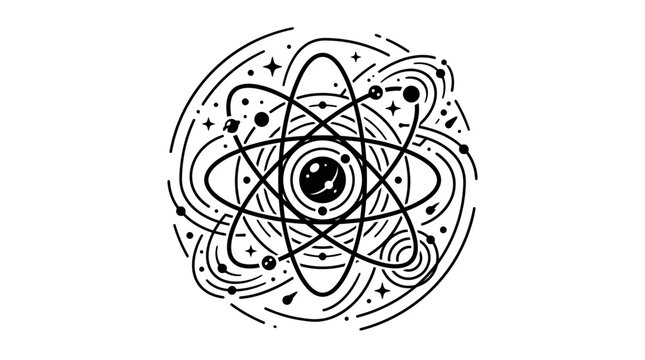 Abstract Atomic Structure, Science and Universe Concept, Black and White Illustration