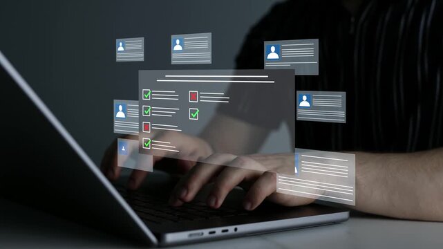Employees must complete online survey form with answer test questions. Human resources and management employment.Digital questionnaire and business communication concept.	
