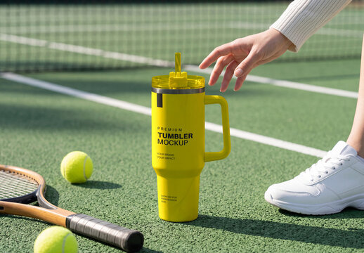 Sports Tumbler Mockup with Handle on Tennis Court Outdoor Scene