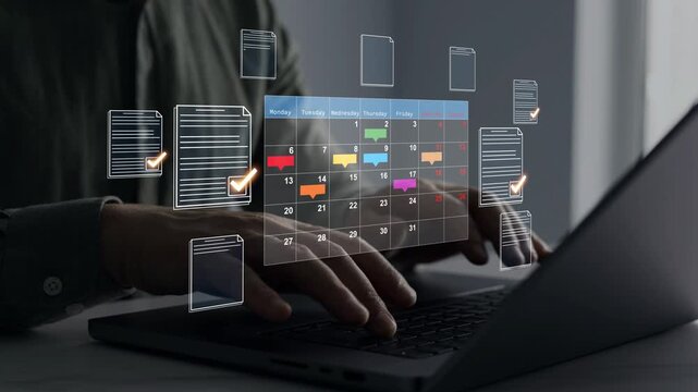 Managing a scheduled meeting.Businessman manages time to work efficiently and on time on all projects,data documentation checklist survey. Calendar work schedule, business plan concept.	
