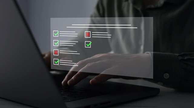 Online survey questionnaire with digital feedback form, customer evaluation and business assessment concept. Filling form, research analytics, technology interface and data review.	
