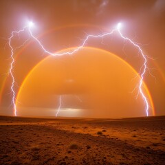 Fototapeta premium Dramatic Lightning Storm Illuminating Orange Desert Landscape at Night