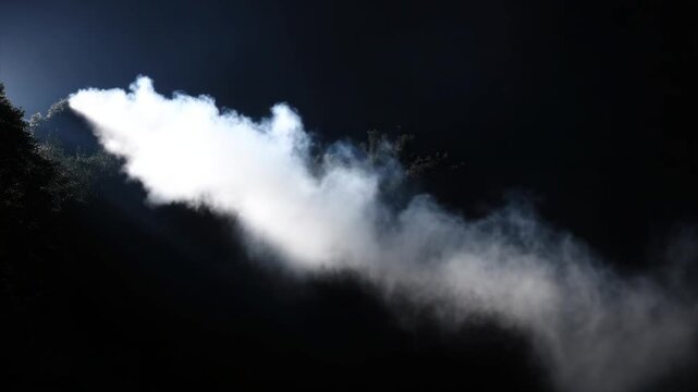 Dark forest scene with a beam of light illuminating fog-like clouds. Trees border left edge