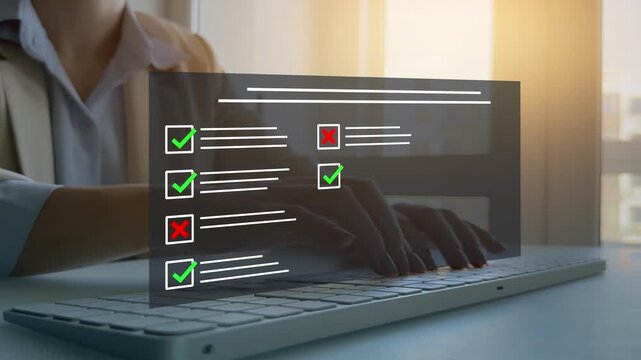 Online survey questionnaire with digital feedback form, customer evaluation and business assessment concept. Filling form, research analytics, technology interface and data review.	
