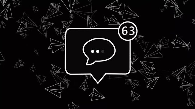 Bright blue neon chat box 63 concept (4K) with speech bubble and paper plane on black background for messaging app or social media notification.