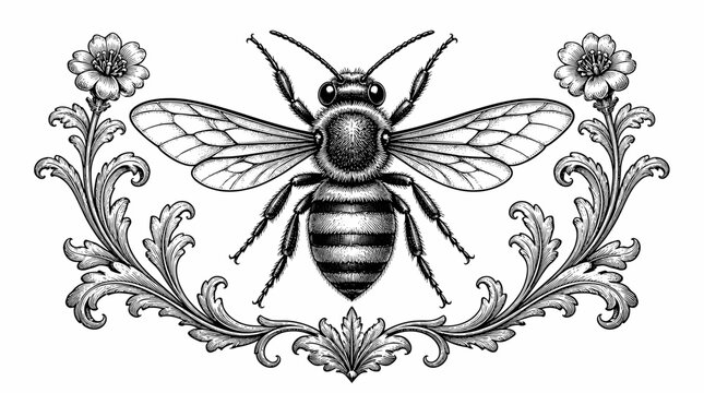 Majestic Bee Centered On Ornate Floral Frame.