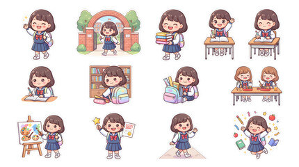 Fototapeta premium School Girl Collection: A delightful assortment of cartoon illustrations depicting a school girl in various educational settings and activities, capturing the essence of student life and learning.