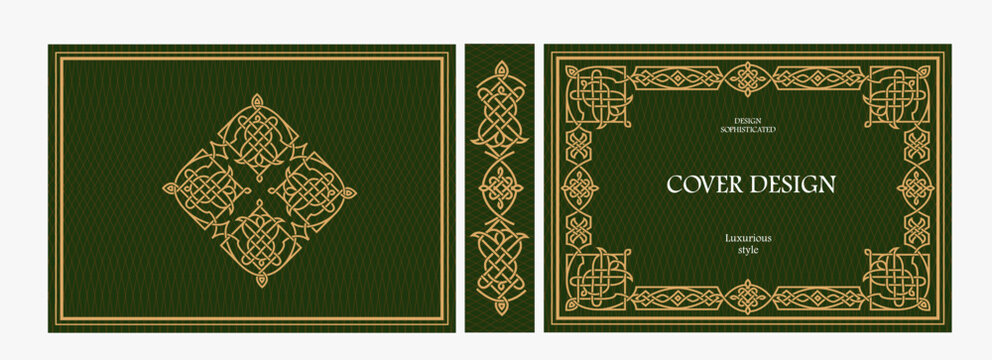 Elegant horizontal vintage book cover design with ornate Art Deco frame, geometric decorative ornaments, and luxurious retro style for publications, albums, posters, and premium layouts