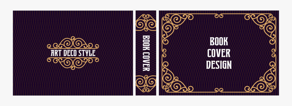 Elegant horizontal vintage book cover design with ornate Art Deco frame, geometric decorative ornaments, and luxurious retro style for publications, albums, posters, and premium layouts
