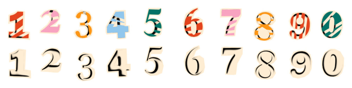 Set of halftone numbers from one to nine. Vintage collage style paper cutouts with colorful doodles. Birthday, anniversary, sale, education, typography and fun modern retro design element. Vector 