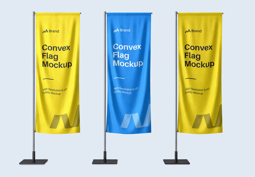 Three Convex Flag Mockup Set with Outdoor Advertising