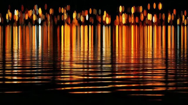Abstract nightscape with lights blurred in a body of water, reflecting orange and gold hues