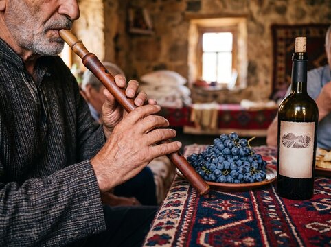 Musician Playing Duduk Next to Grapes and Wine Close Up