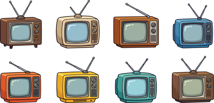 Retro television vector illustration set, vintage analog TV box with antenna, old media screen icon