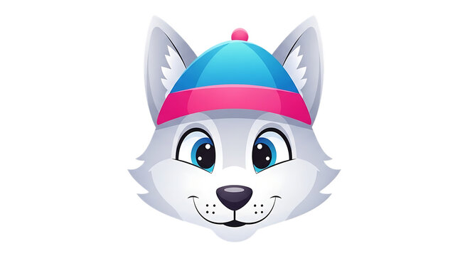 Cute cartoon wolf wearing a colorful blue and pink hat