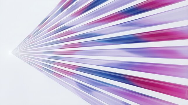 Abstract perspective view of parallel translucent glass tubes filled with blue and pink liquid, converging towards a bright point on white background