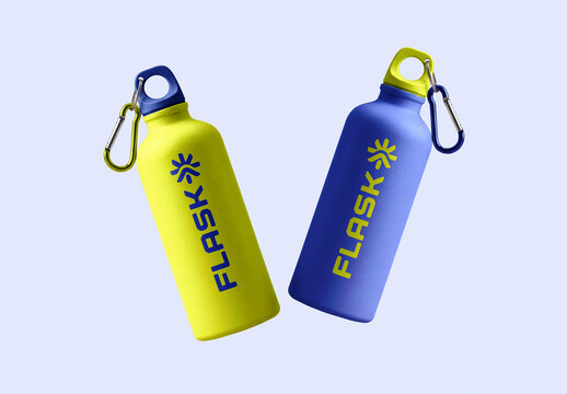 Dual Aluminum Sports Water Bottle Mockup with Carabiner Clip Front View