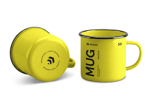 Yellow Enamel Mug Mockup Set with Front and Bottom Views