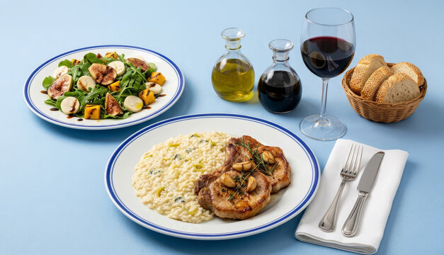 Gorgonzola risotto with grilled pork chop, accompanied by a salad of arugula, fig, hearts of palm, and mango, and a glass of red wine