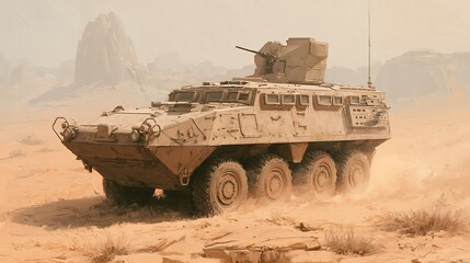 Fototapeta premium A heavily armored military vehicle drives across a dry desert landscape. Concept for modern warfare or tactical defense.