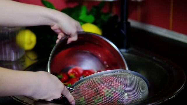Clean water drains away as ripe strawberries are transferred into a metal strainer after washing. Fresh seasonal berries are prepared for desserts, snacks and healthy meals.