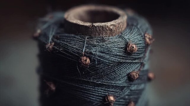 Macro shot of a thread spool decorated with small brown seed-like objects