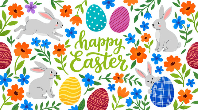 Hand drawn greeting card with happy easter lettering surrounded by cute grey bunnies colorful eggs and vibrant spring flowers, symbolizing festive seasonal spirit and provides holiday theme