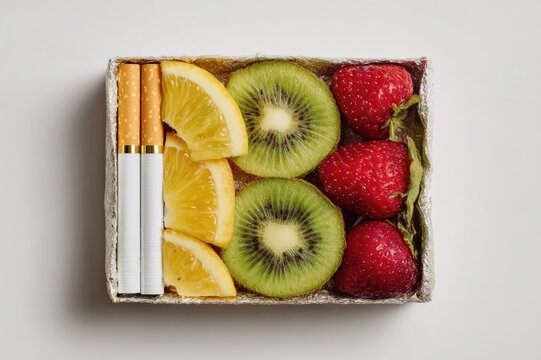 Top view of cigarette pack replaced with fresh fruits inside, health transformation theme