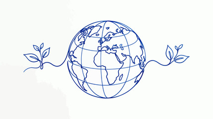 Fototapeta premium Minimalist one line drawing of a blue planet earth globe with growing green leaves on a white background, symbolizing environmental protection and representing sustainable development