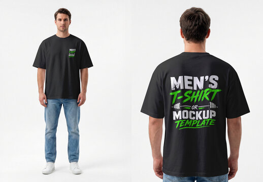 Men's Oversized Black T Shirt Mockup Front and Back View on Male Model
