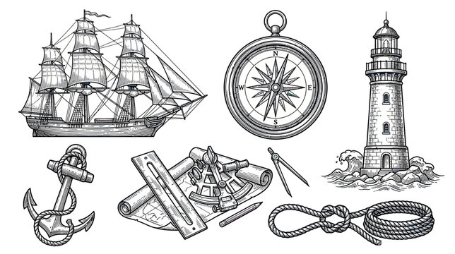 Nautical Adventure Set: Tall Ship, Lighthouse, Compass, Anchor, Sextant, Rope
