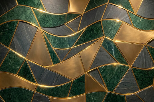 Luxury geometric pattern with green marble, dark slate, and brushed gold textures background.