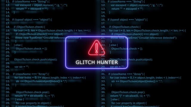 Glitch hunter warning sign on digital programming code background, cyber security and software debugging concept
