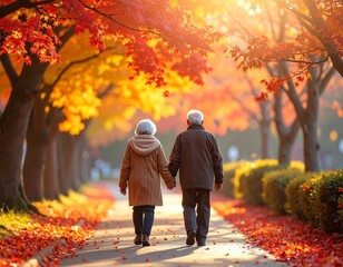 Rear view of an elderly couple walking hand in hand under autumn maple trees