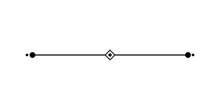 Minimalist horizontal line divider with a central hollow diamond shape and circular endpoints, isolated on transparent background
