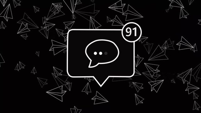 Bright blue neon chat box 91 concept (4K) with speech bubble and paper plane on black background for messaging app or social media notification.