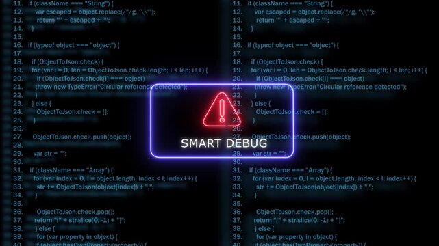 Smart debugging interface with glowing warning over programming code background, coding software development