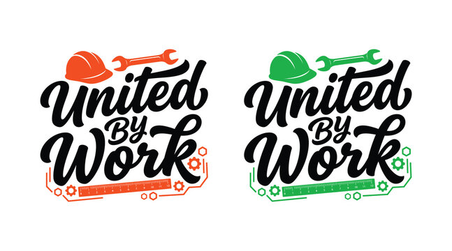 Labor day united by work hard hat and tools logos